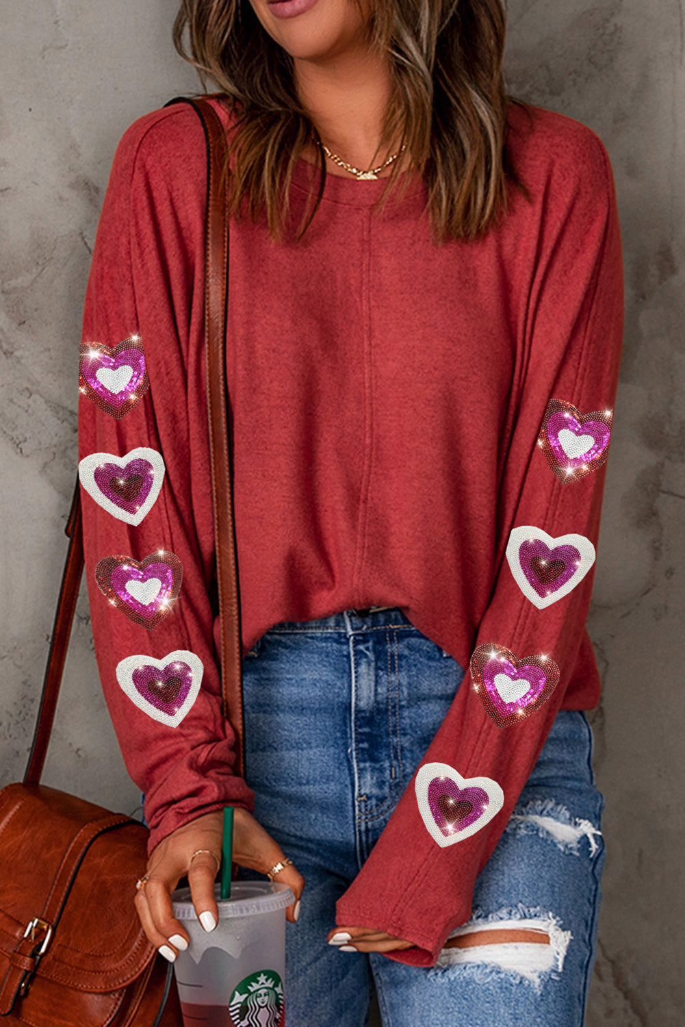 Red Shiny Heart Printed Sleeves Valentine Fashion Top