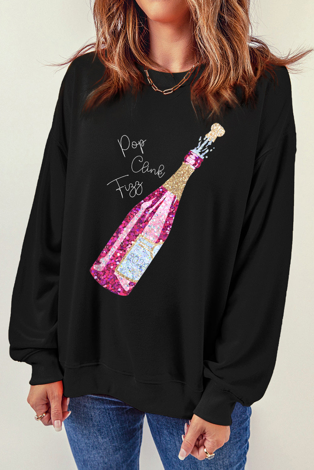 Black New Year Champagne Print Pullover Sweatshirt