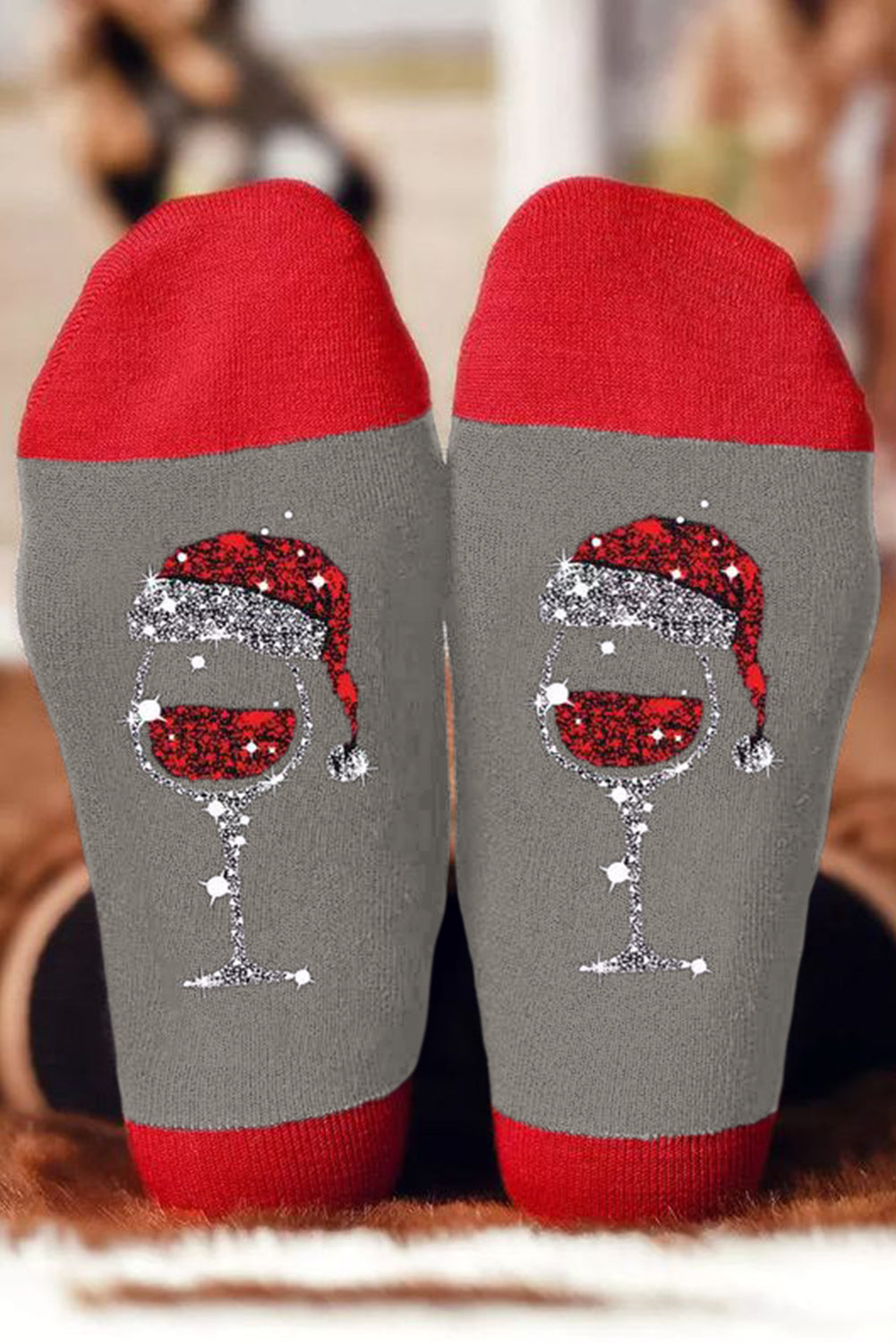 Gray Christmas Champagne Santa Hat Graphic Socks