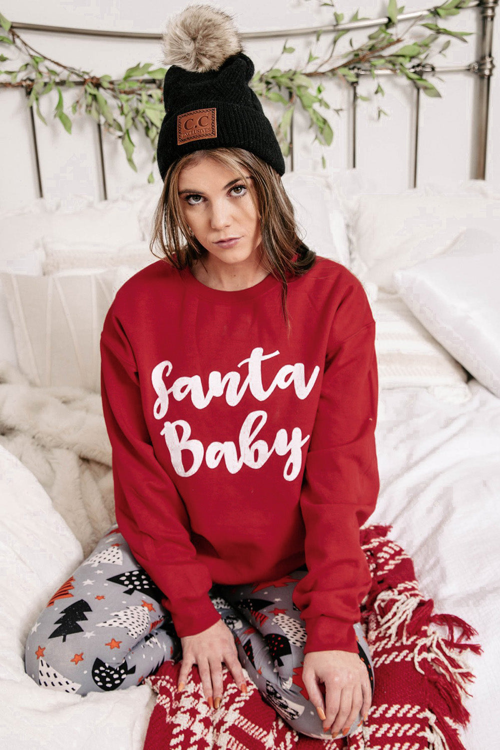 Red Santa Baby Print Crew Neck Pullover Sweatshirt