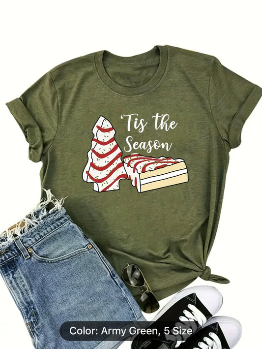 Christmas Cake Tree Print Crewneck T-shirt, Casual Short Sleeve Summer Top, Women's Clothing