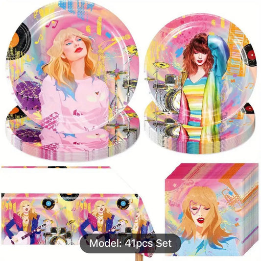41pcs/Set, Singer Birthday Party Decorations, Music Themed Swift Party Supplies, Include Waterproof Tablecloth, Plates And Napkins For Fans