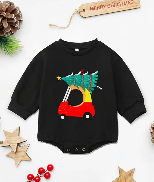 Baby Long Sleeve Sweatshirt Romper, Christmas Trees And Small trucks