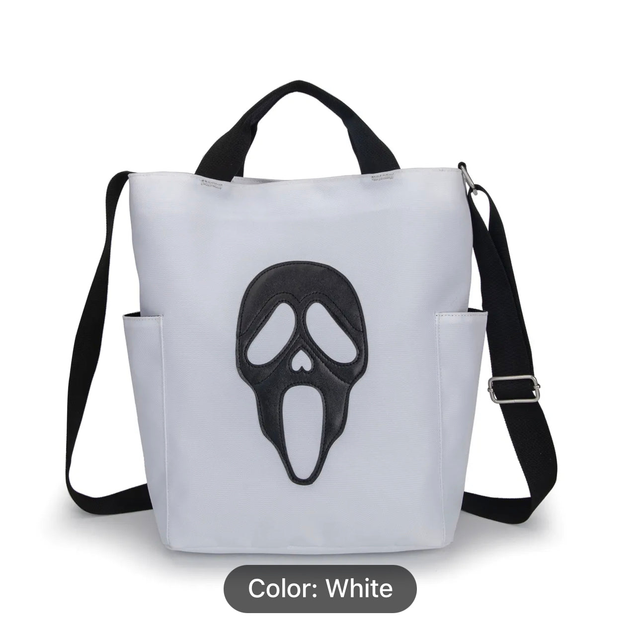 Halloween Ghost Skull Patch Tote Bag, Large Capacity Crossbody Bag, Funny Nylon Handbag For Shopping & Going Out