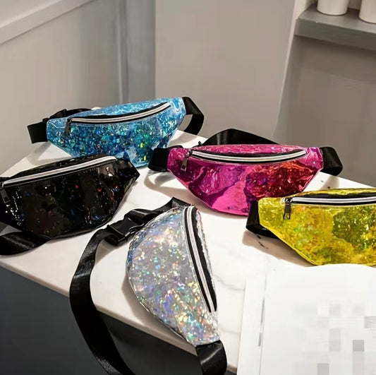 Trendy Streetwear Sequin Glossy Chest Bag, PU Leather Fanny Pack, Portable Versatile Waist Bag