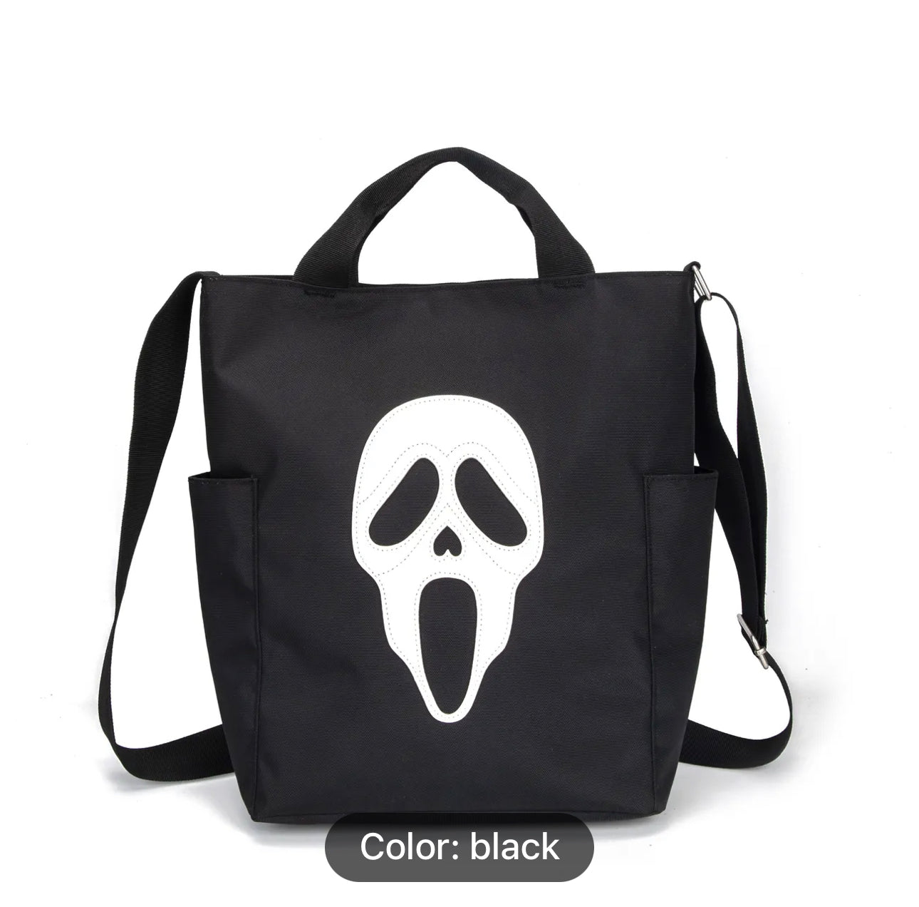 Halloween Ghost Skull Patch Tote Bag, Large Capacity Crossbody Bag, Funny Nylon Handbag For Shopping & Going Out