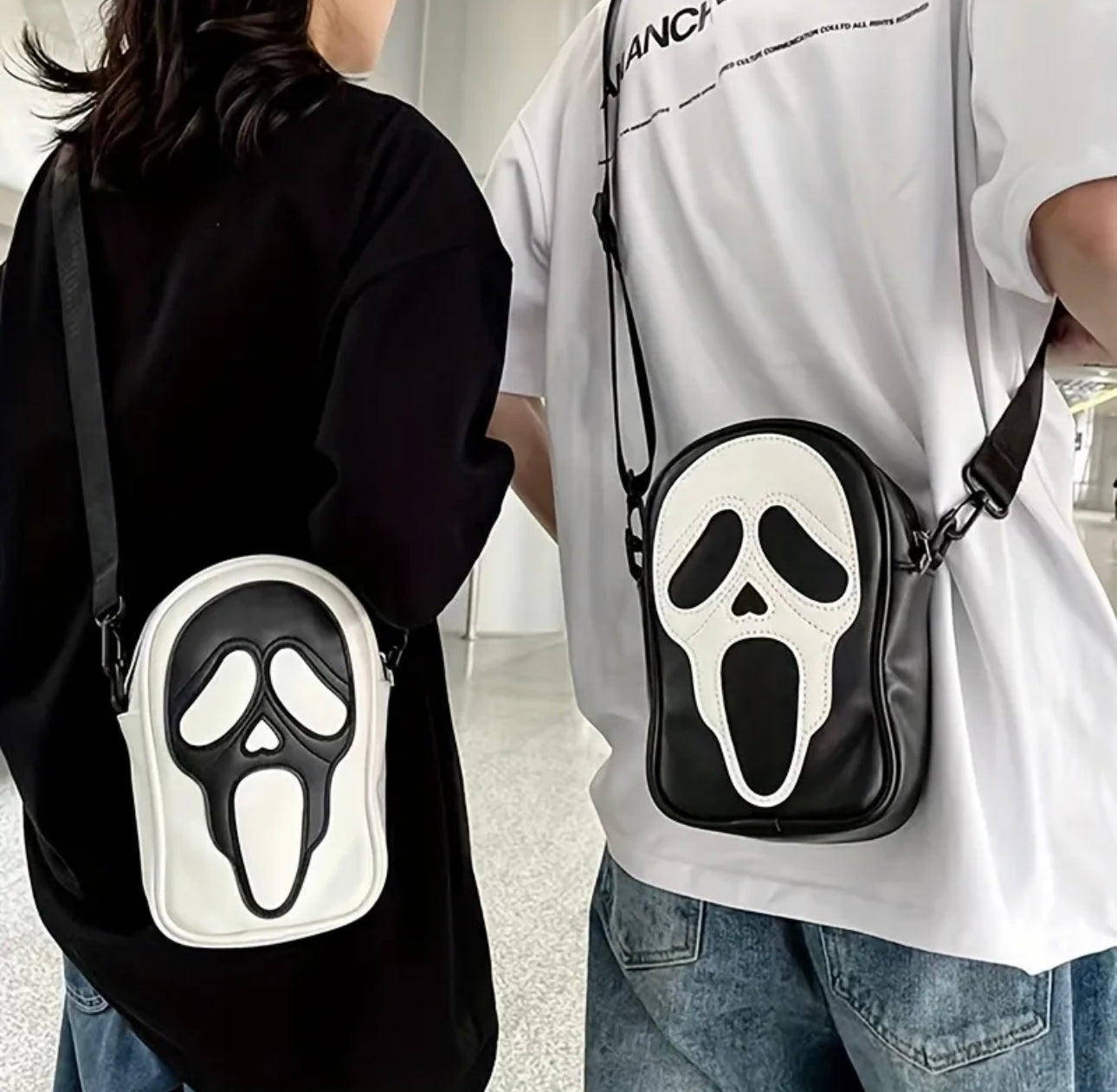 Ghost Skull Pattern Shoulder Bag, Goth Zipper Crossbody Bag, Halloween Purse For Shopping