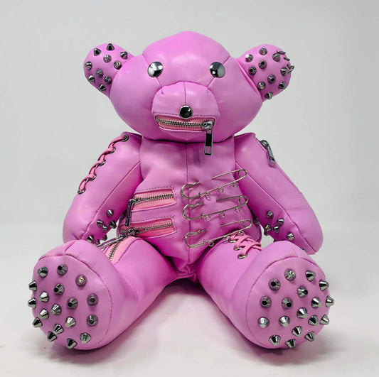 Pink faux leather punk bear back pack