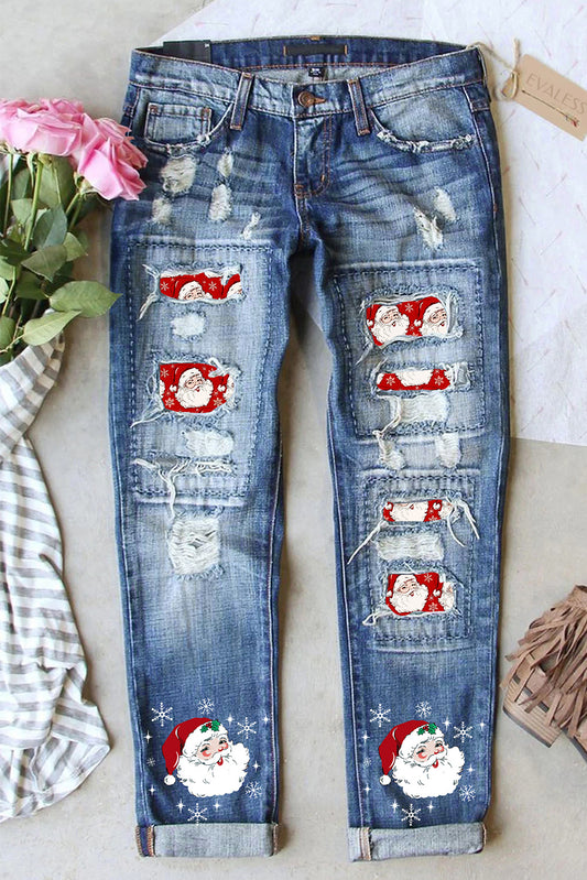 Sky Blue Christmas Santa Claus Patchwork Distressed Boyfriend Jeans