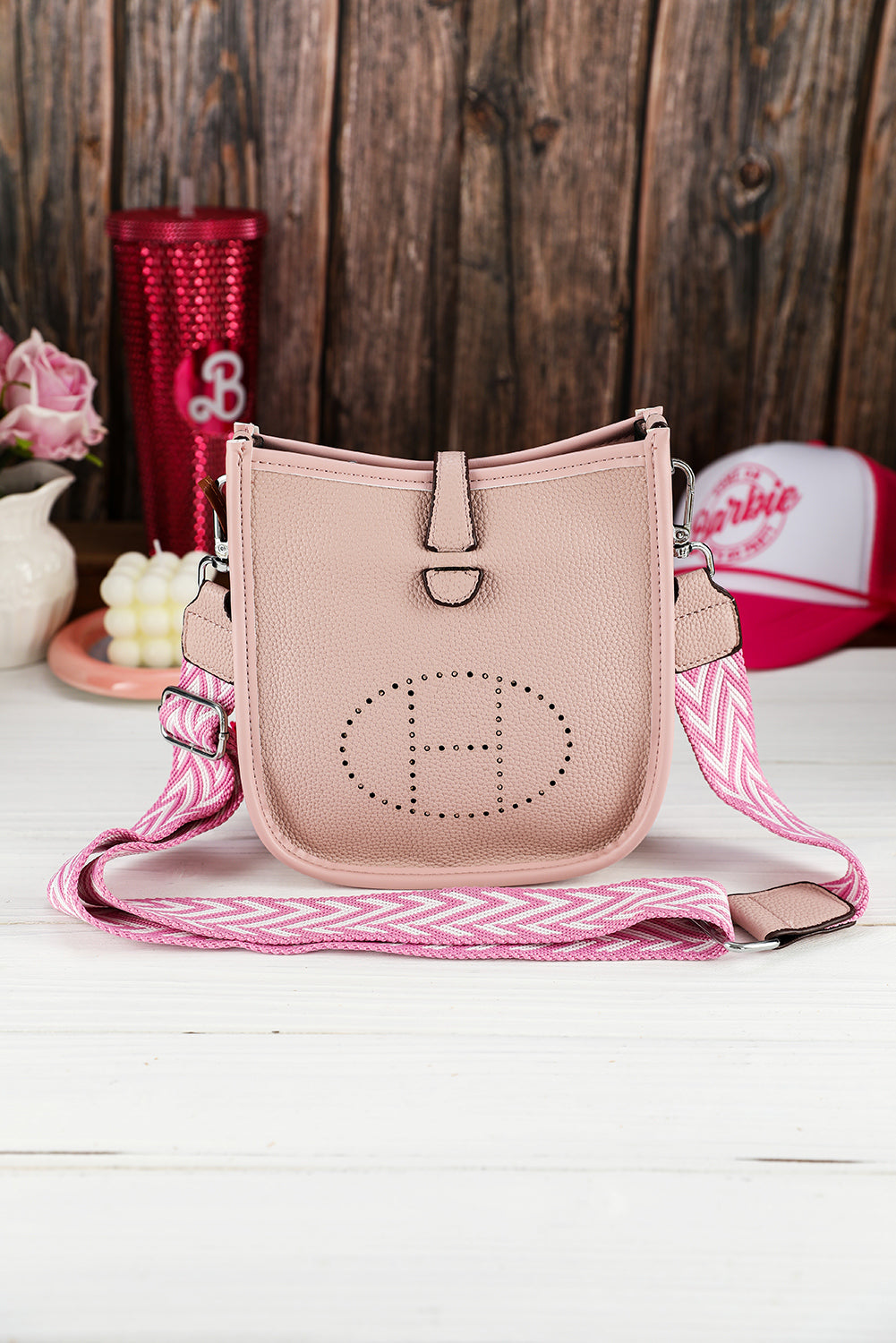 Pink Striped Strap PU Leather Square Crossbody Bag