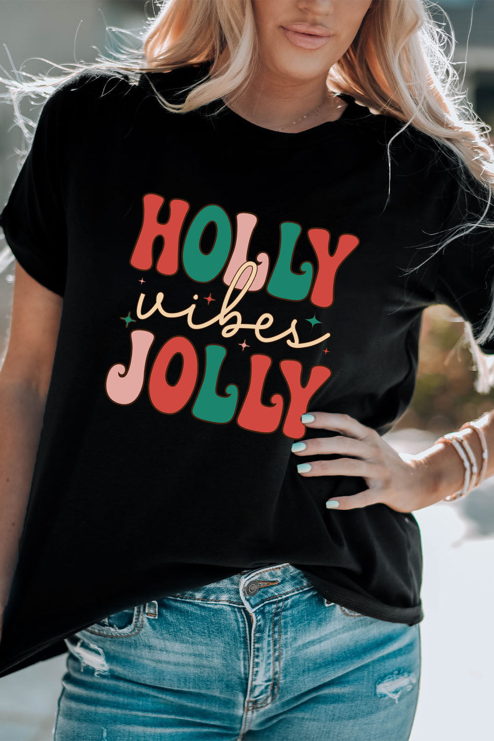 Black HOLLY JOLLY Vibes Christmas Crew Neck T Shirt