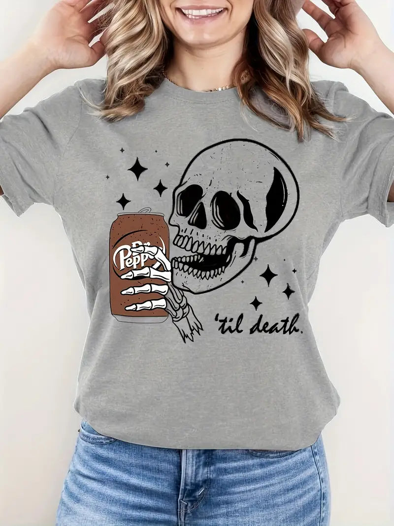 DrPepper Skull Shirt, Women's Casual Short Sleeve T-Shirt with Skull Graphic Print