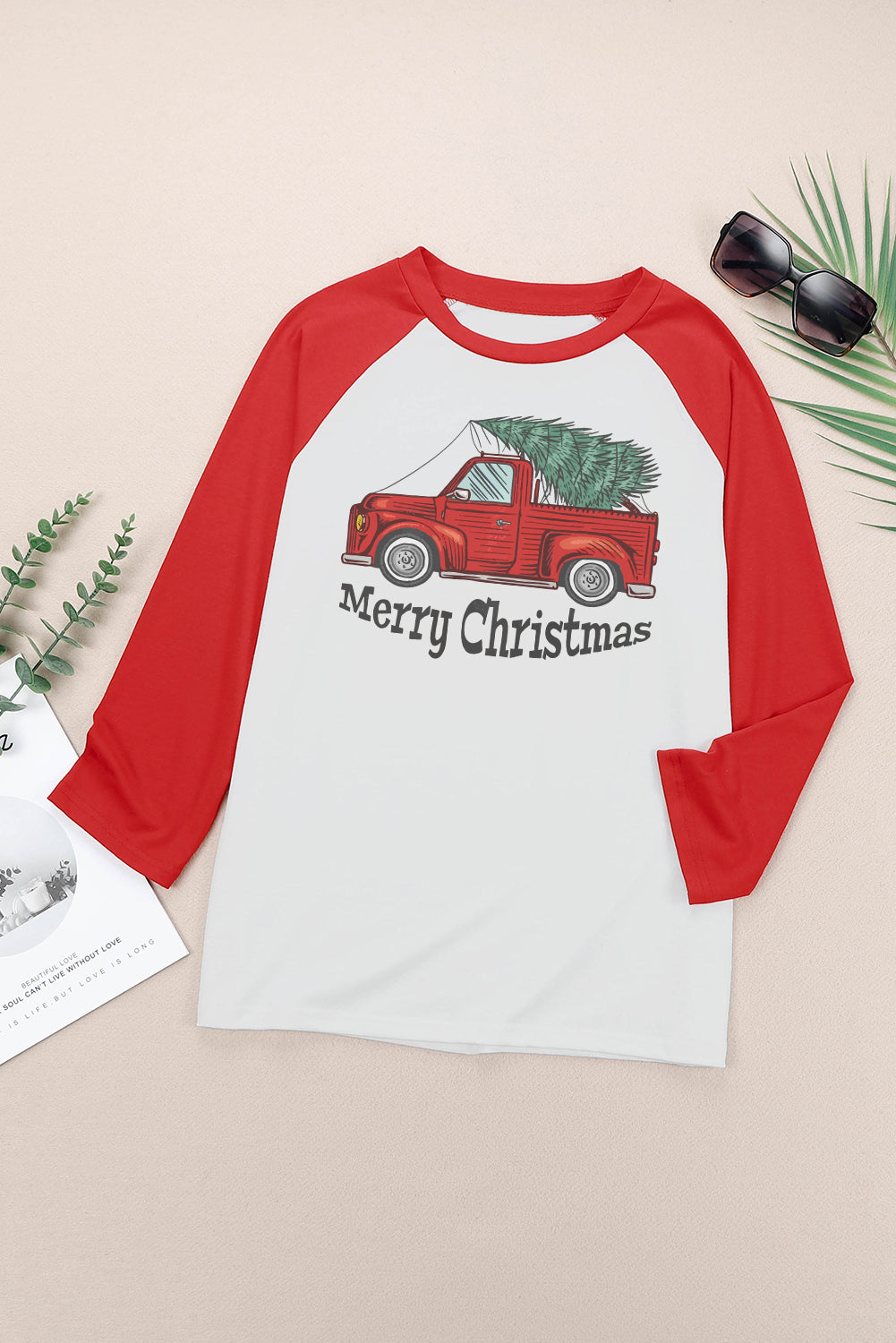 Merry Christmas Truck Graphic Print Color Block Top