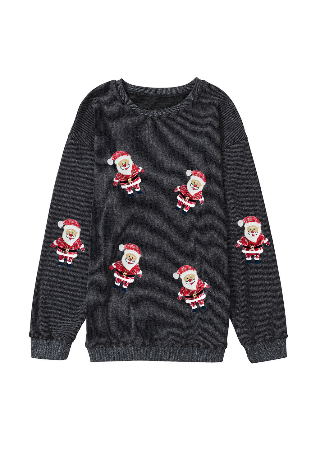 Black Sequined Santa Claus Graphic Corded Sweatshirt