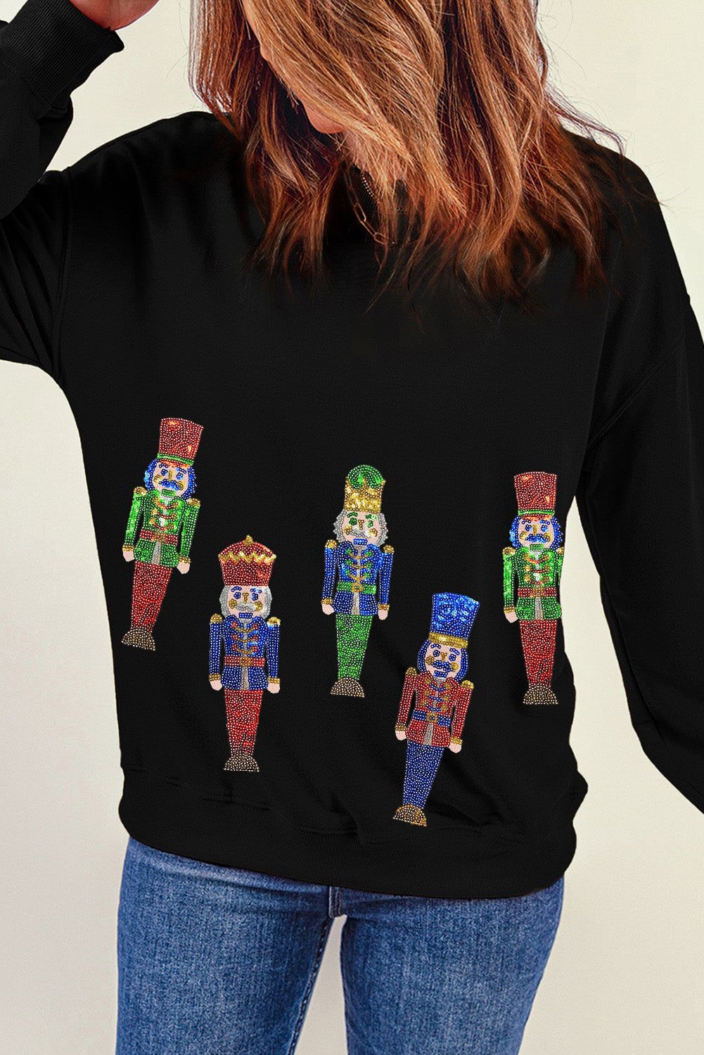 Black Sequined Nutcracker Doll Graphic Sweatshirt