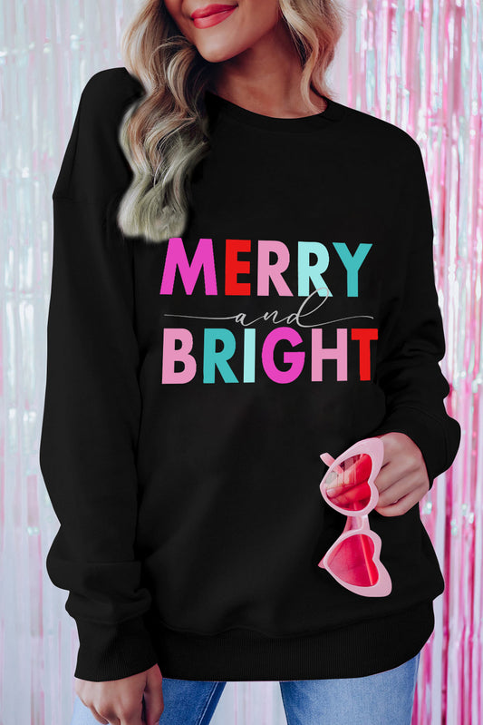 Black Colorful MERRY and BRIGHT Graphic Sweatshirt