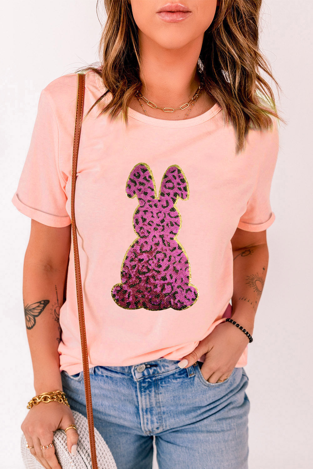 Pink Sequined Leopard Bunny Easter Graphic Tee