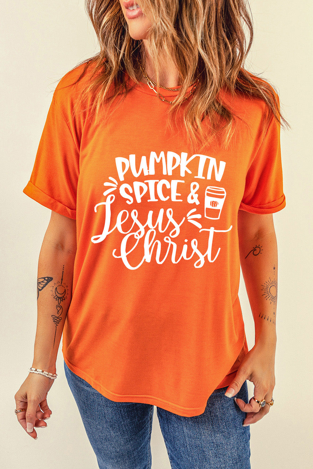 Orange PUMPKIN SPICE & Jesus Christ Graphic T-shirt