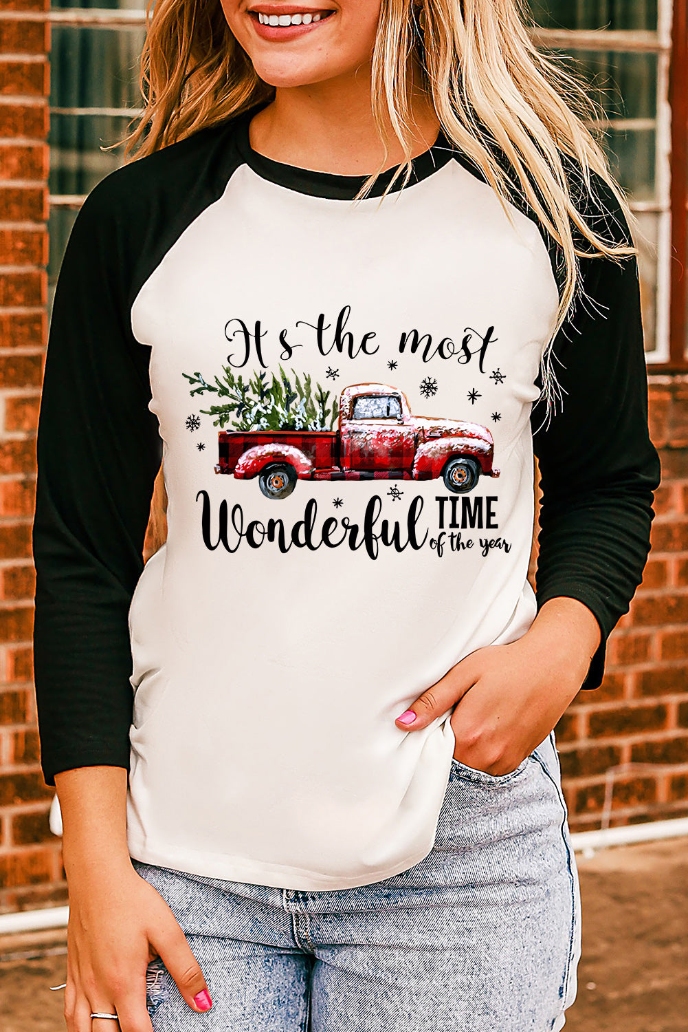 Christmas Truck Letter Graphic Print Color Block Top