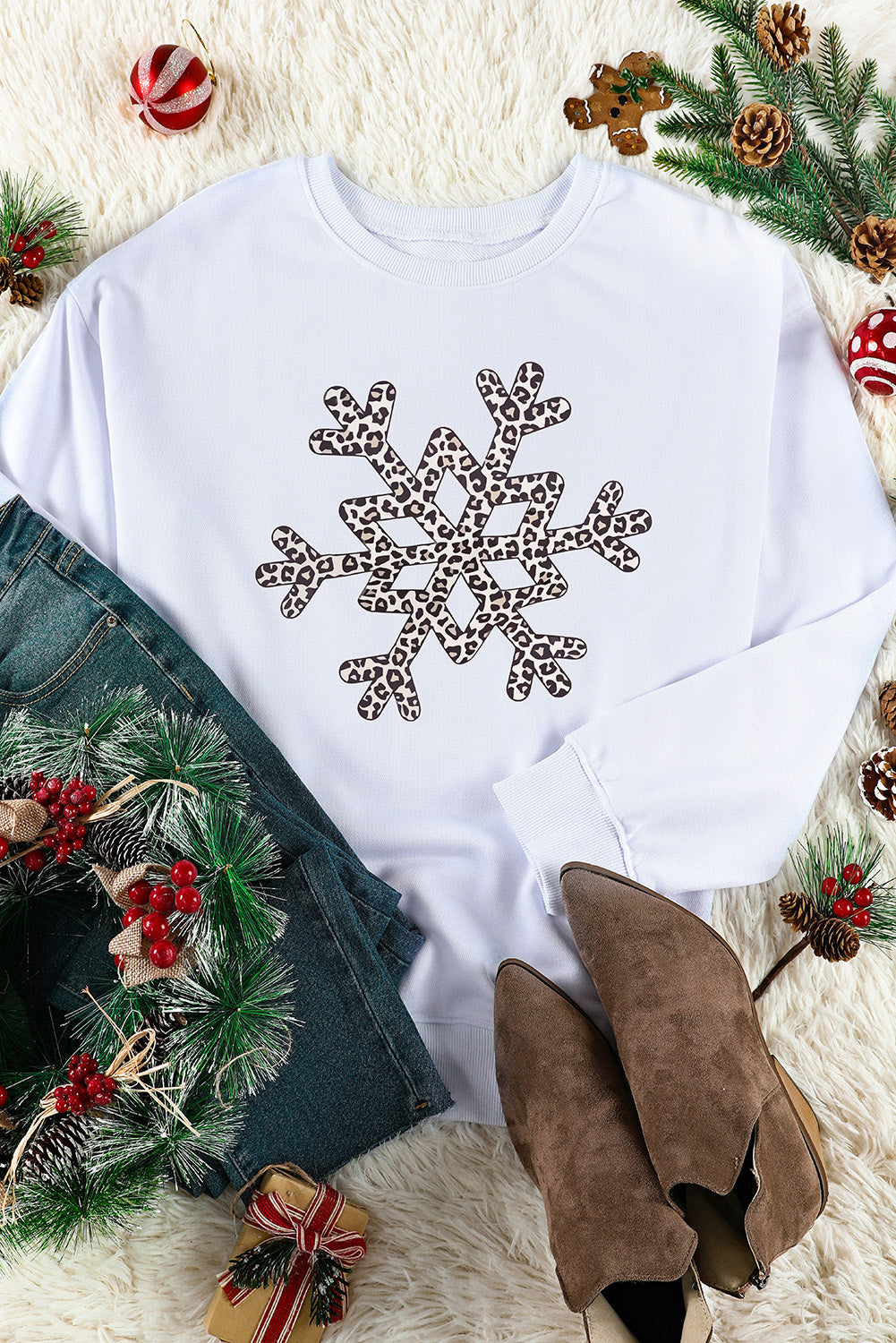 Leopard Snowflake Pullover Sweatshirt