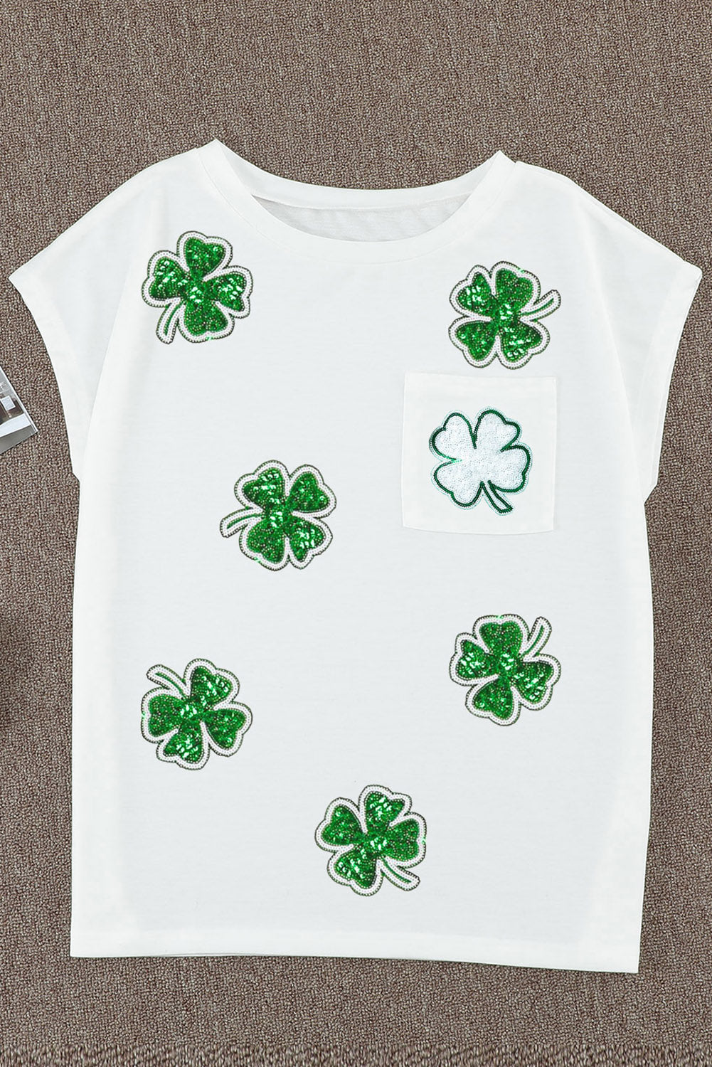 white Sequin St Patrick Clover Patch Pocket Loose Tee