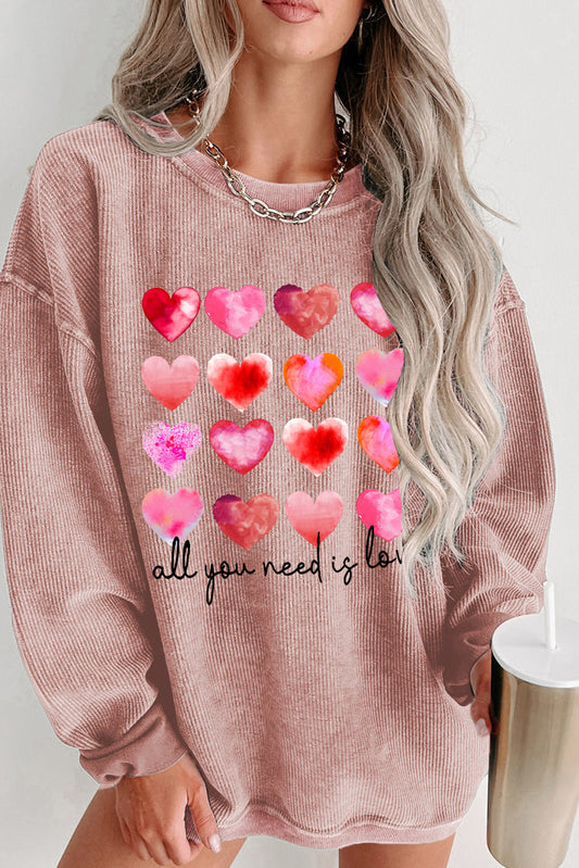 Pink Valentine Heart Shape Graphic Corded Sweatshirt
