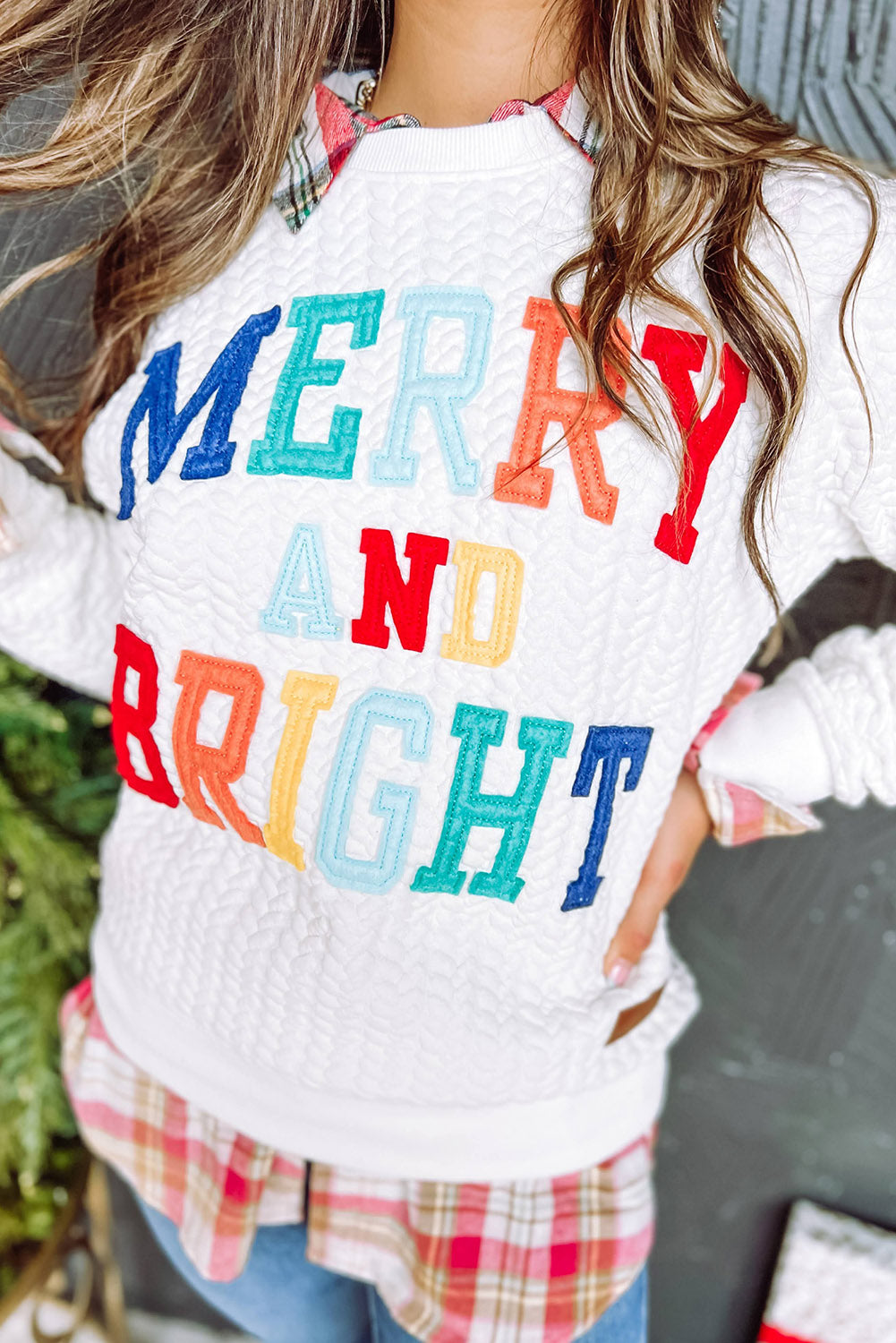 Bright White Merry And Bright Cable Knit Pullover Sweatshirt