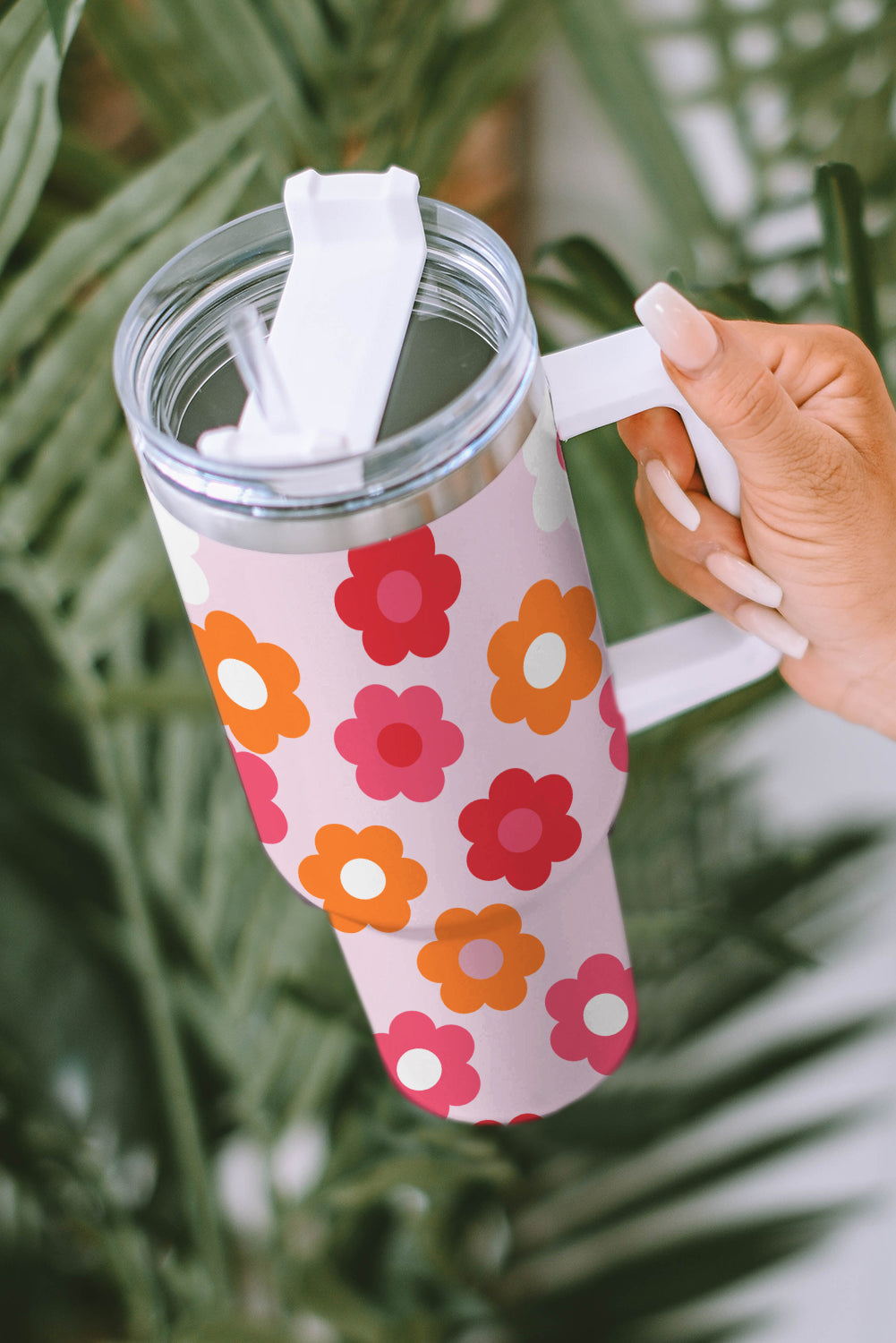 Multicolor Flower Print Handled Stainless Steel Vacuum Cup