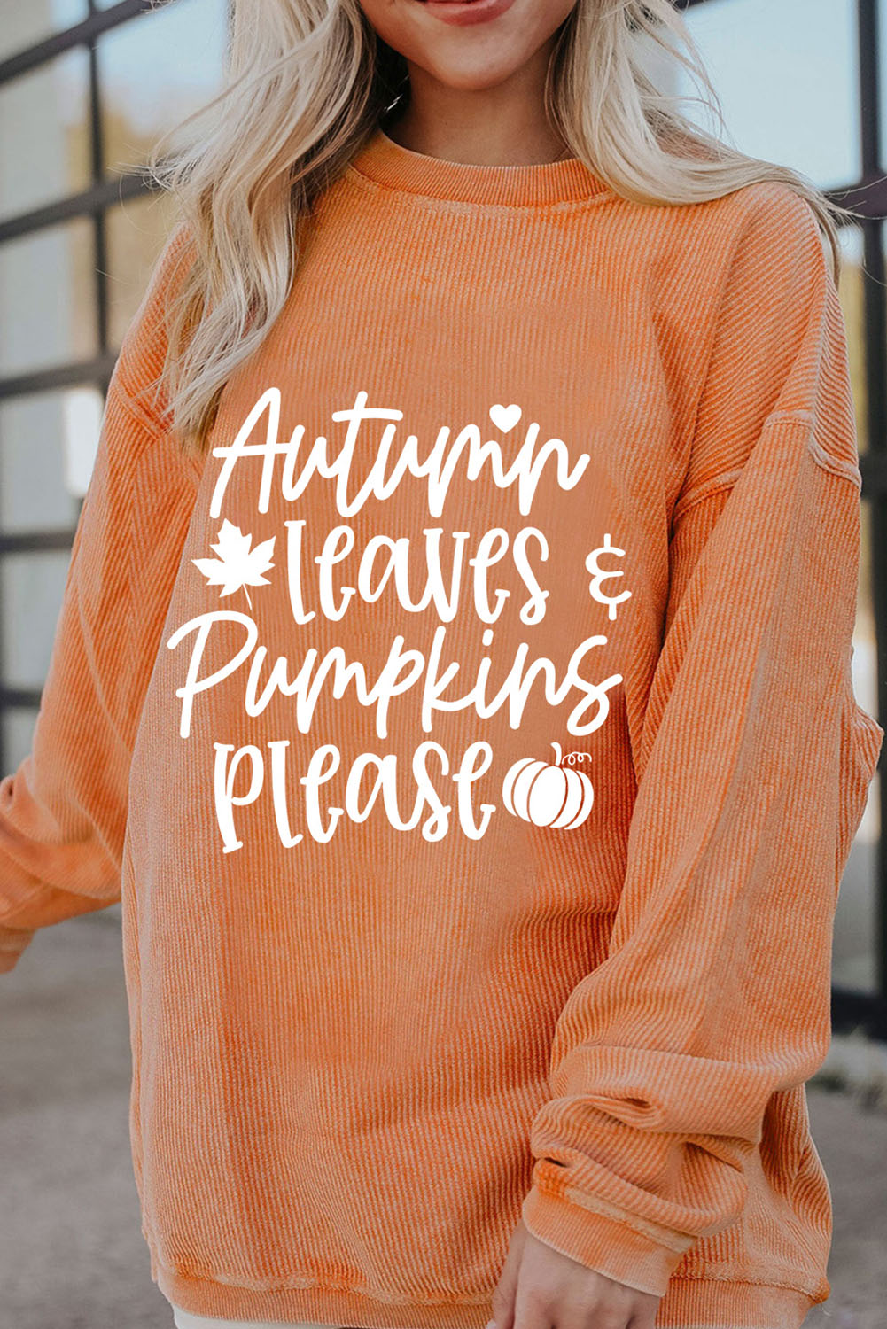 Orange Autumn Leaves Pumpkins Please Ribbed Oversized Sweatshirt