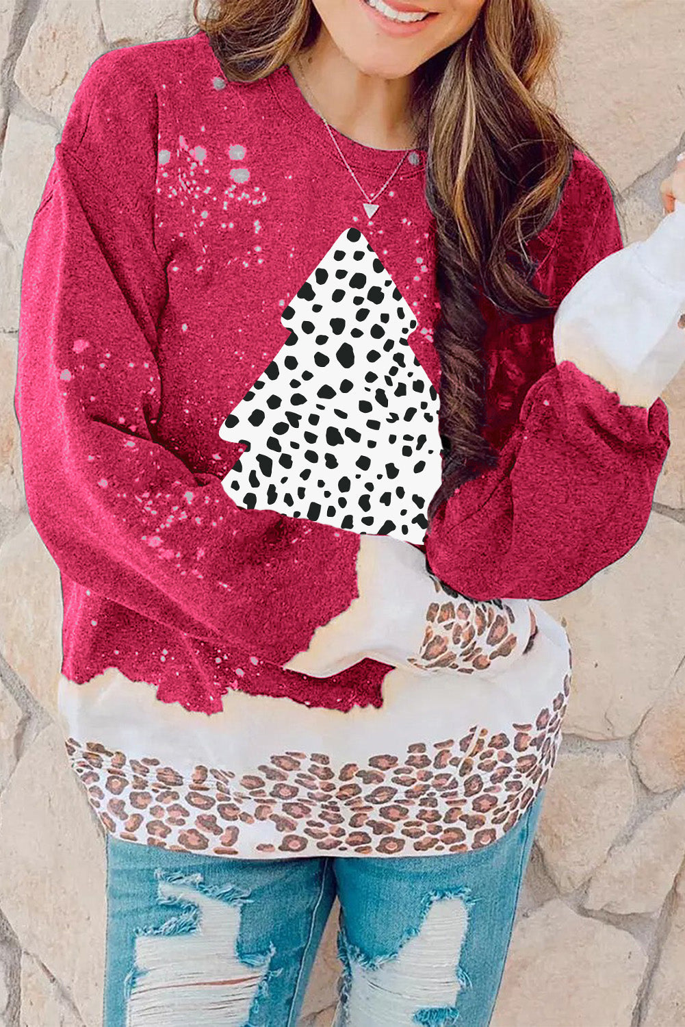 Red Leopard Christmas Tree Print Loose Fit Sweatshirt