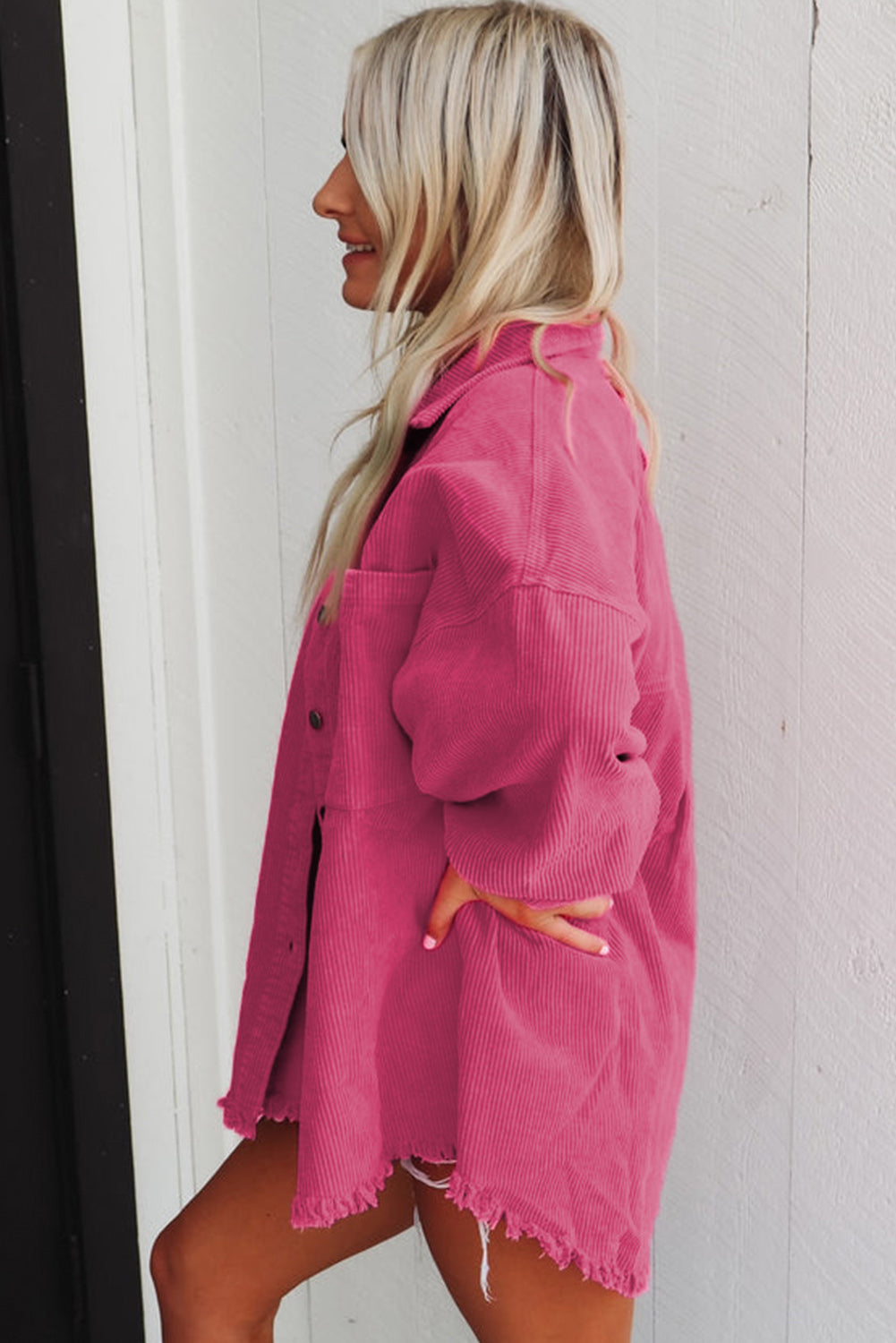 Bright Pink Corded Dual Chest Pocket Raw Hem Shacket