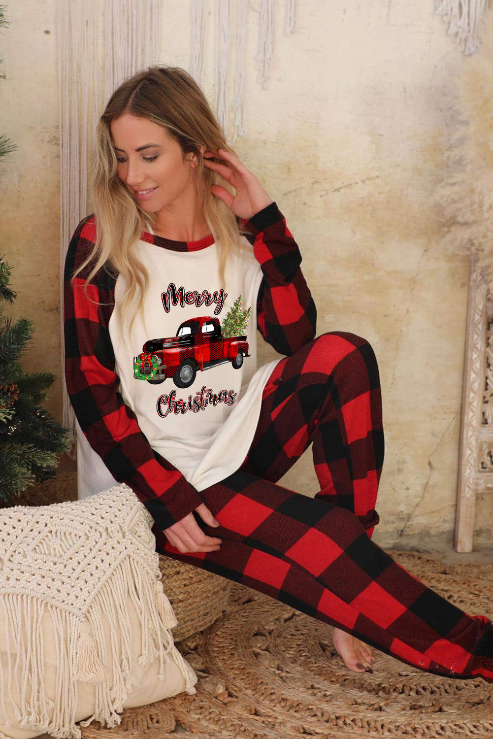 Christmas Pattern Plaid Color Block Two Piece Lounge Set