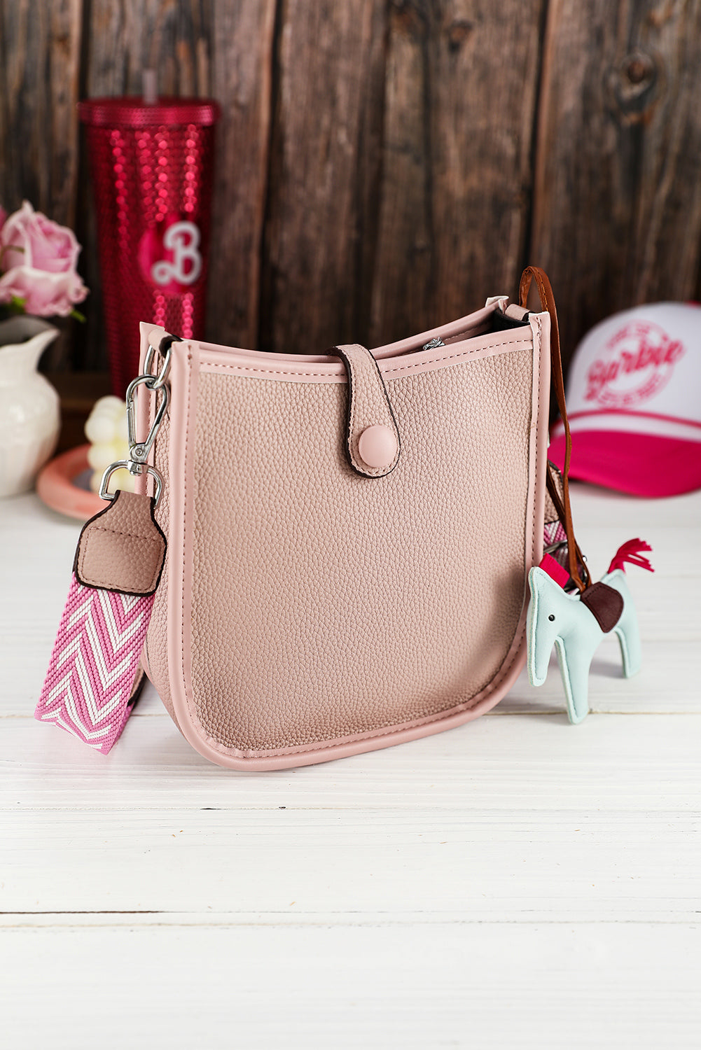 Pink Striped Strap PU Leather Square Crossbody Bag