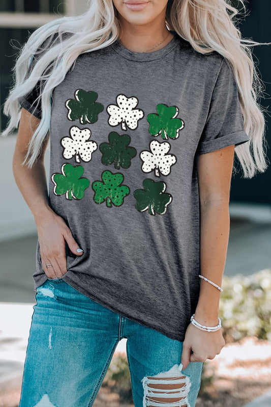 Gray Dotted Clovers Print Round Neck T Shirt