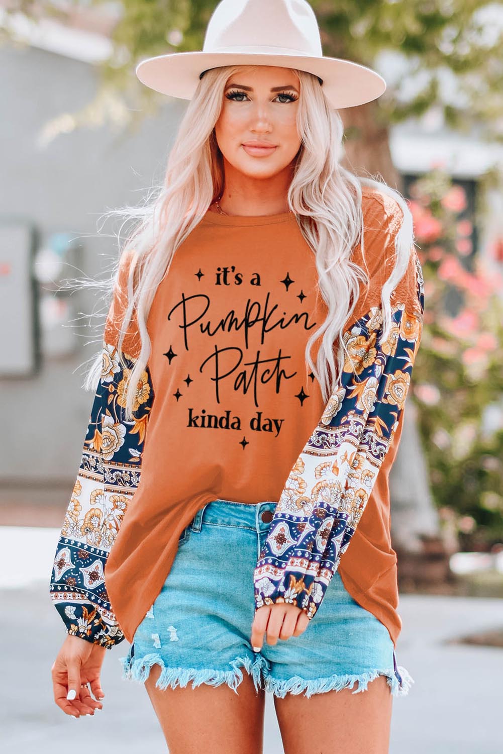 Brown Pumpkin Patch Floral Patch Long Sleeve Graphic Tee