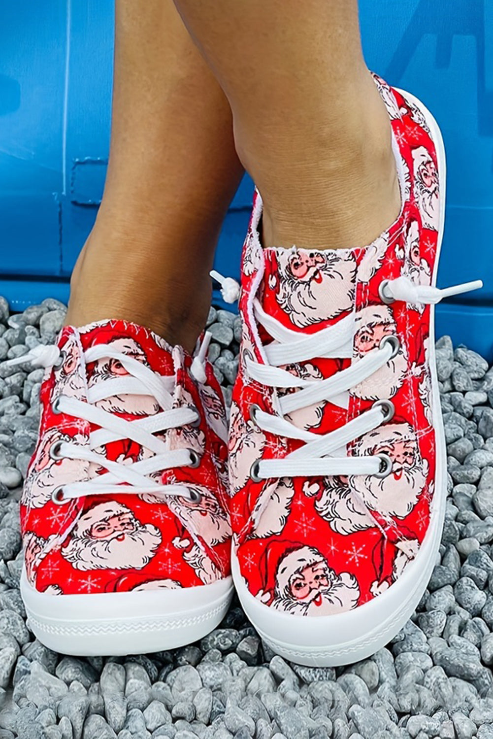 Fiery Red Santa Claus Printed Stitching Detail Flat Shoes