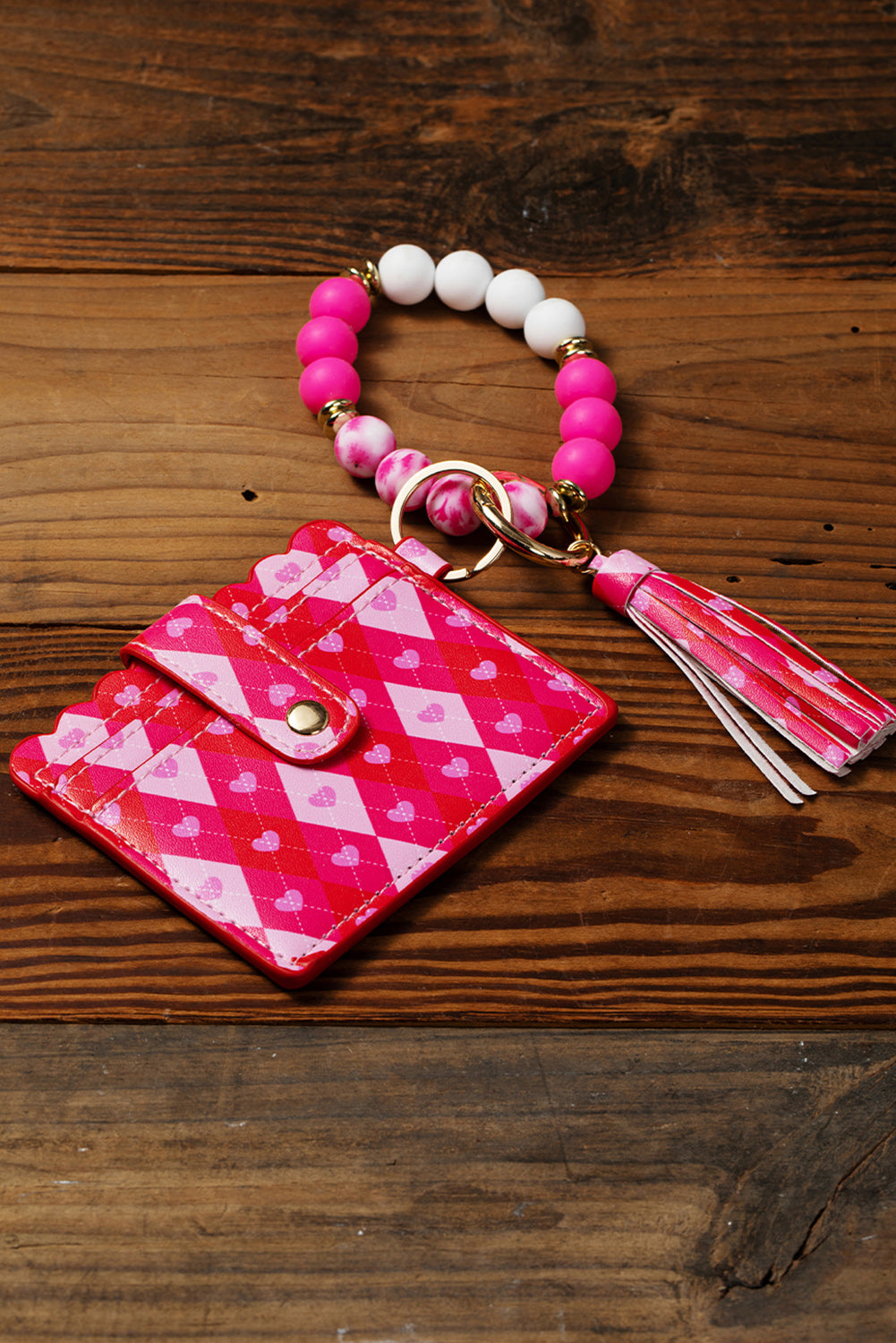 Rose Red Valentine Fashion PU Card Bag Key Chain with Silicone Bracelet