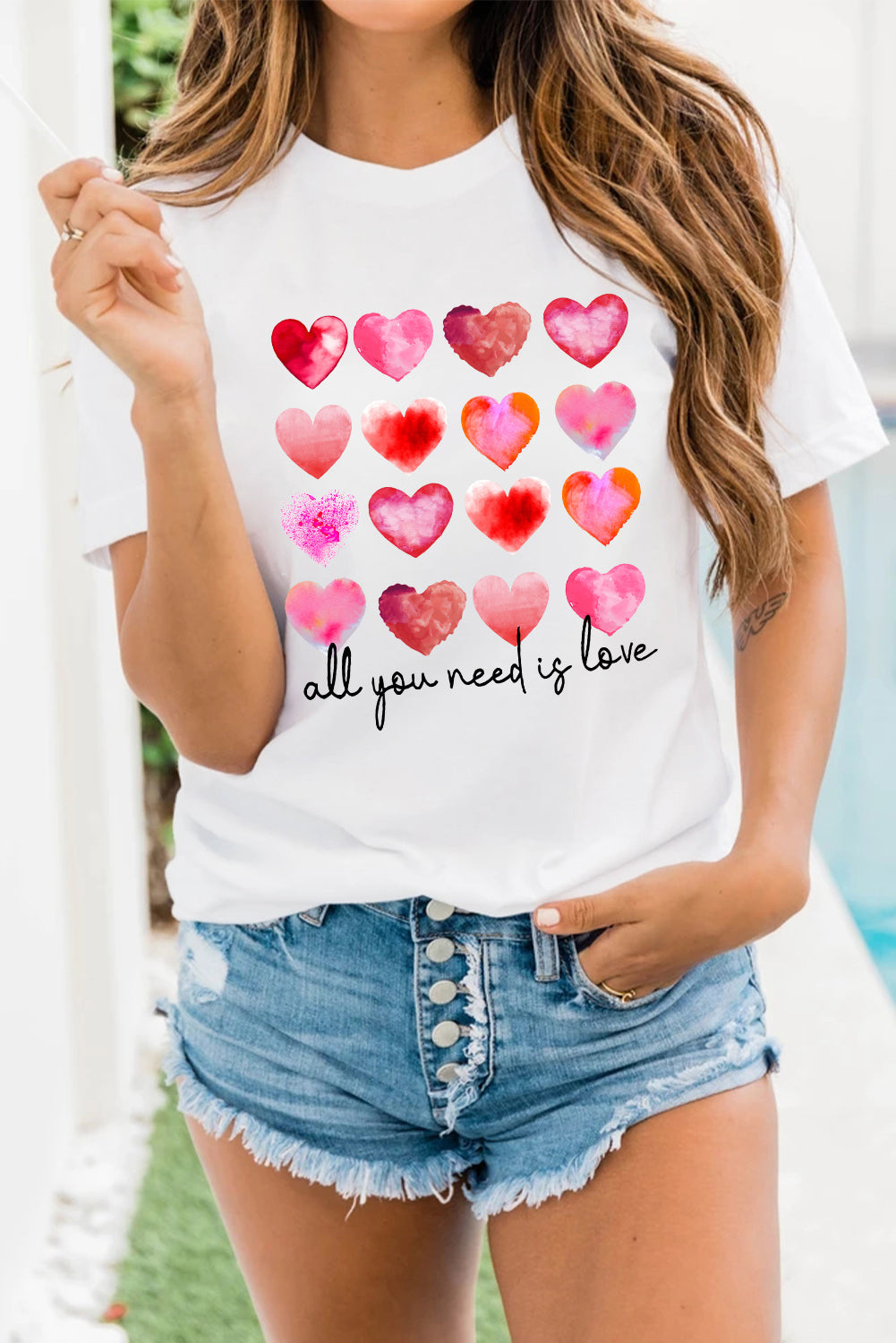 White All You Need Is Love Hearts Print T-shirt