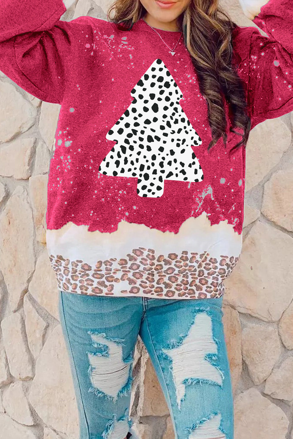 Red Leopard Christmas Tree Print Loose Fit Sweatshirt