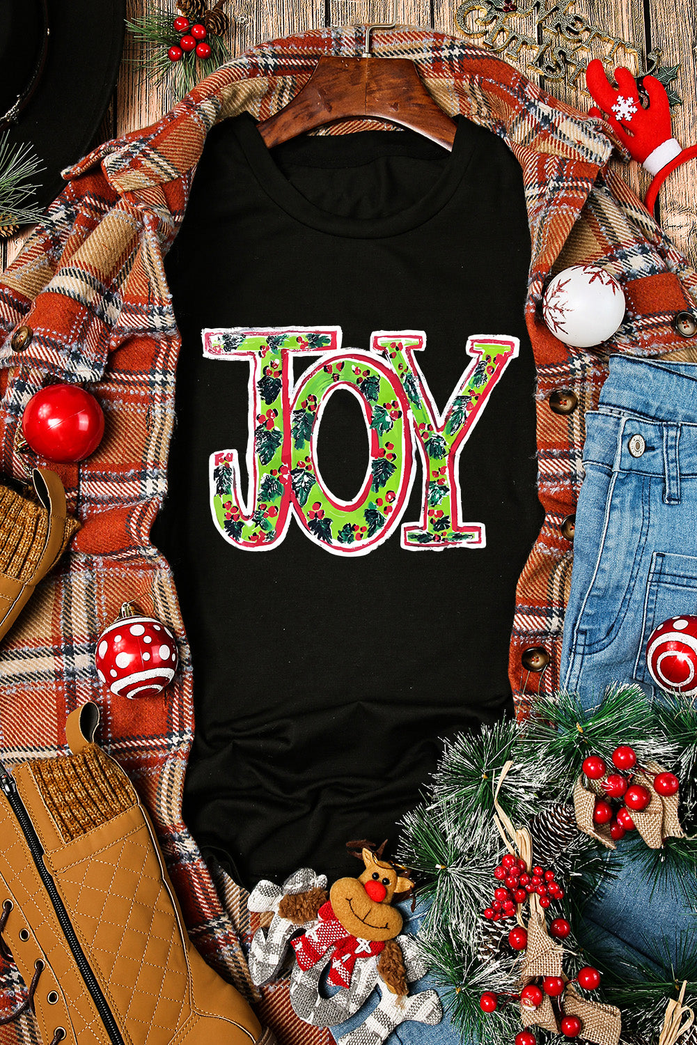 Black JOY Holly Printed Christmas Fashion Tee