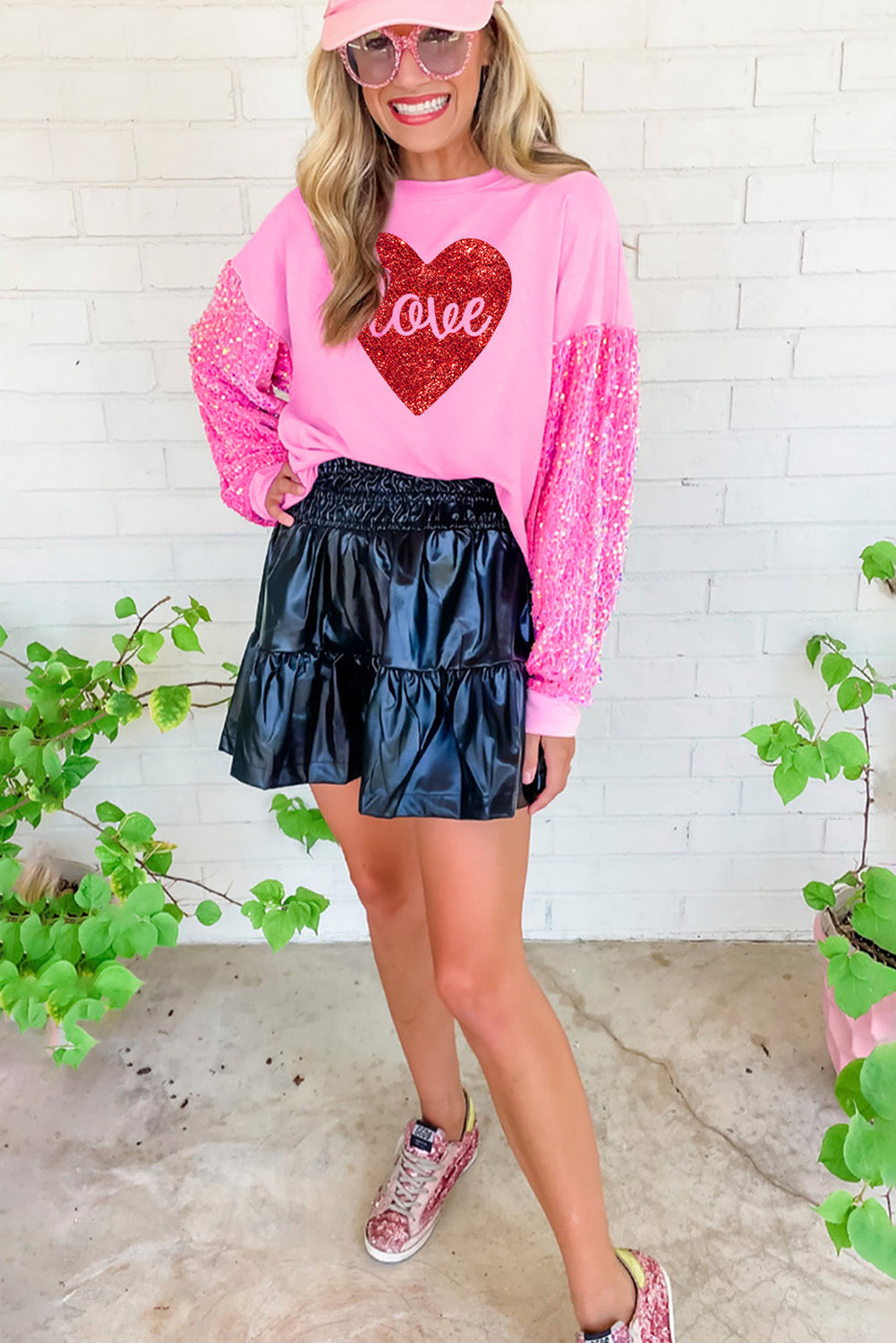 Pink Shiny Heart Shape love Print Sequined Sleeve Top