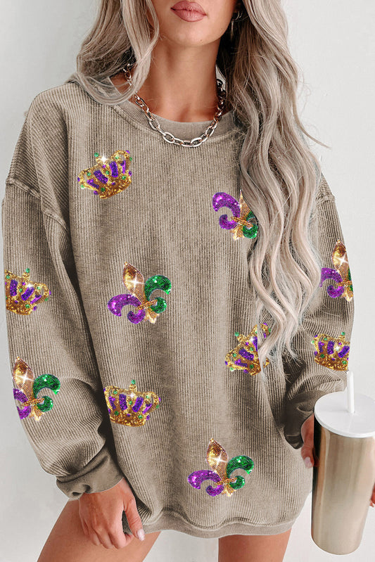 Khaki Mardi Gras Sequin Crown Fleur De Lis Corded Sweatshirt