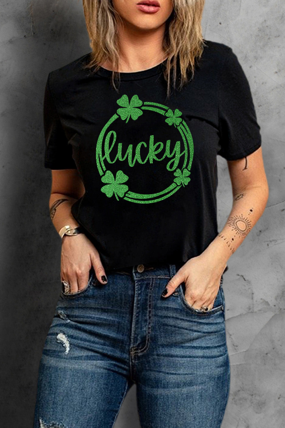 Black St Patrick Sequin Lucky Clover Print Short Sleeve T-shirt