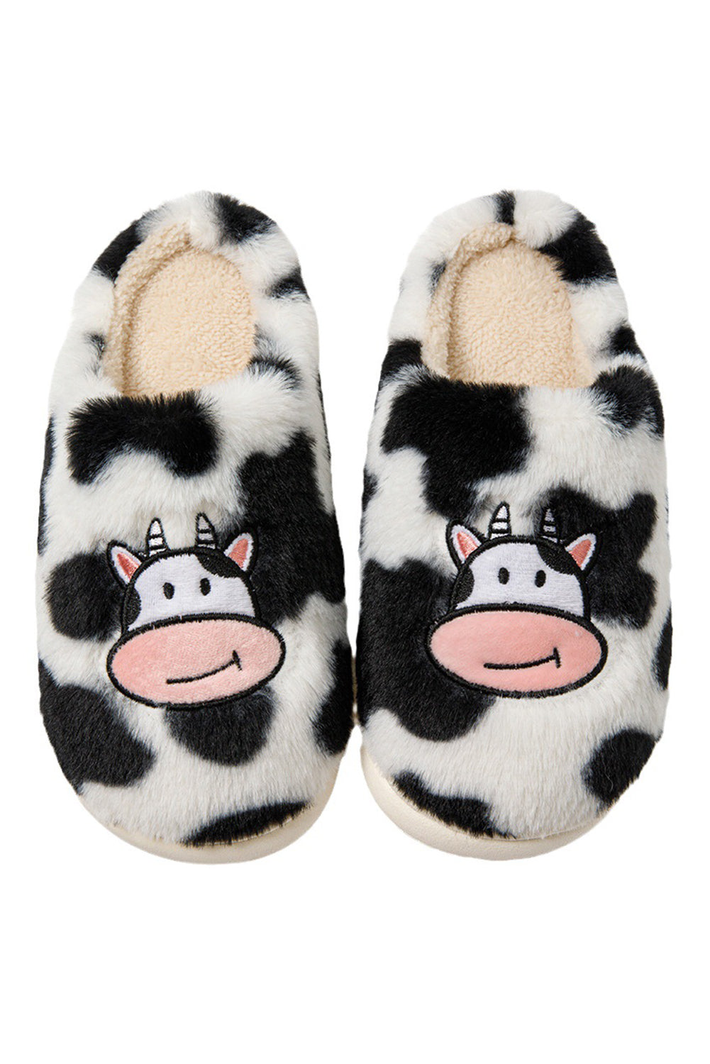 Bright White Cartoon Cow Embroidered Fuzzy Home Slippers