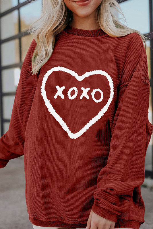 Racing Red XOXO Heart Shape Graphic Corded Sweatshirt