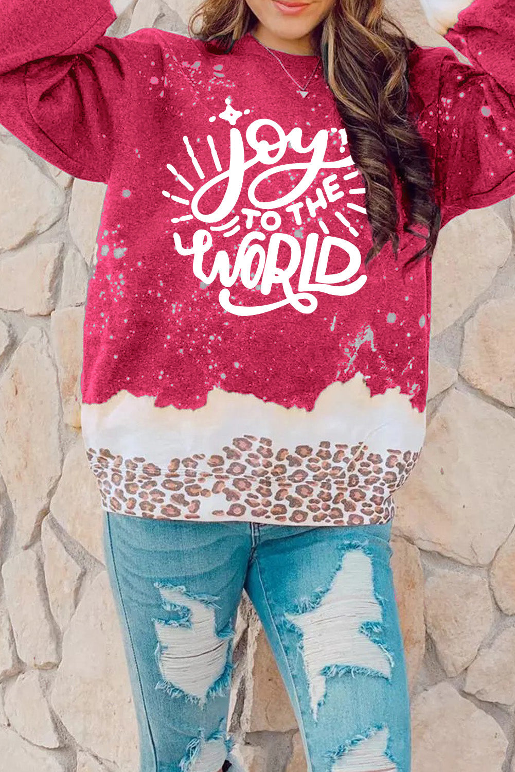 Red Joy To The World Leopard Print Loose Sweatshirt