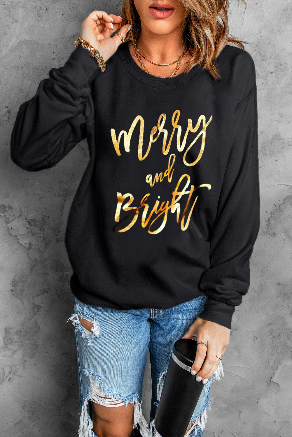 Merry & Bright Letter Print Pullover Sweatshirt