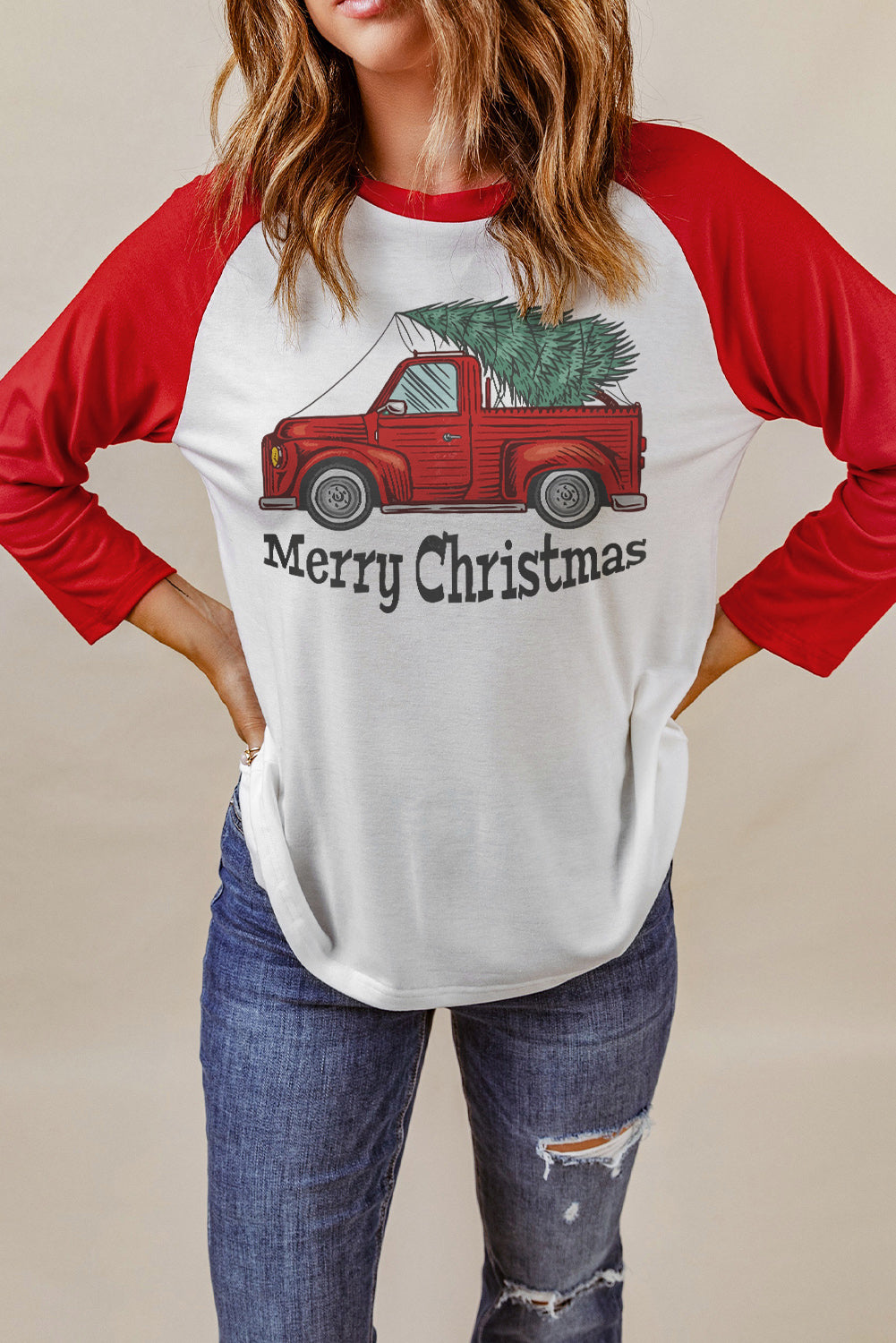 Merry Christmas Truck Graphic Print Color Block Top