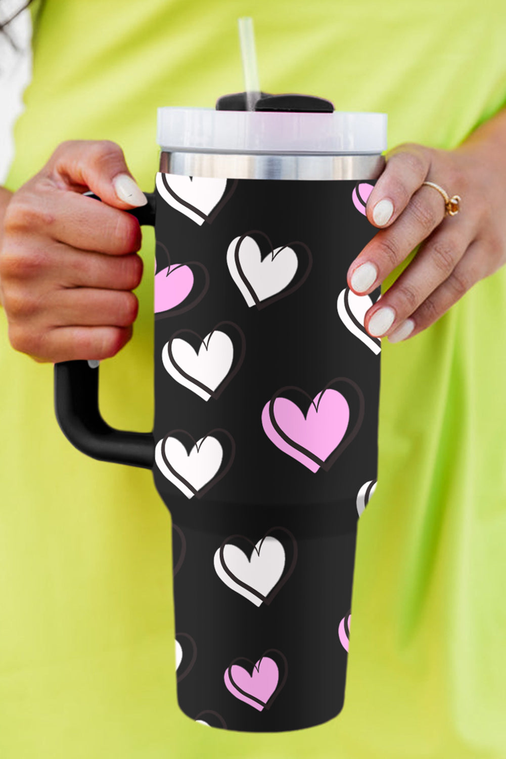 Black Valentines Heart Printed Thermos Cup with Handle