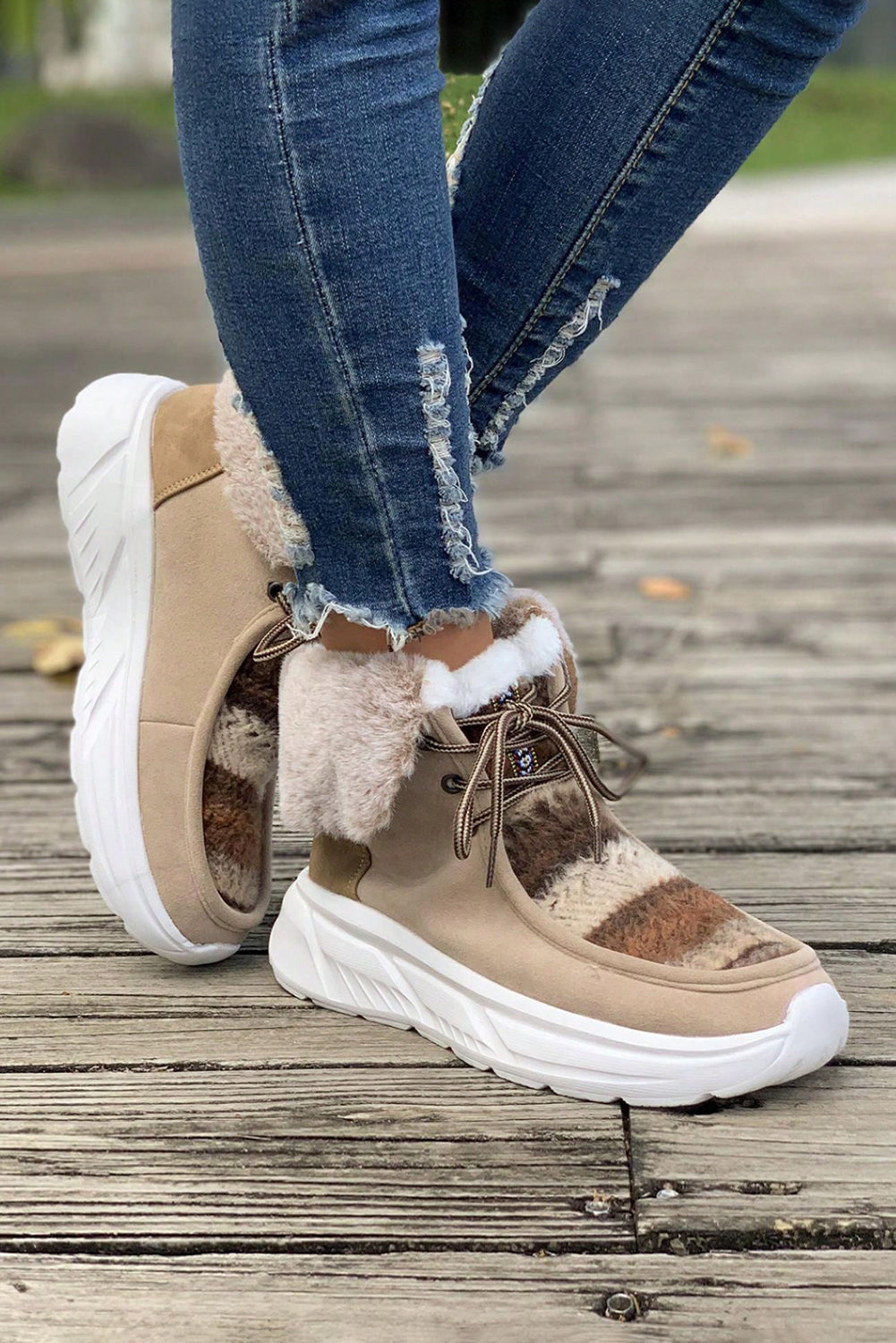 Chestnut Plush Suede Patched Lace Up Ankle Boots